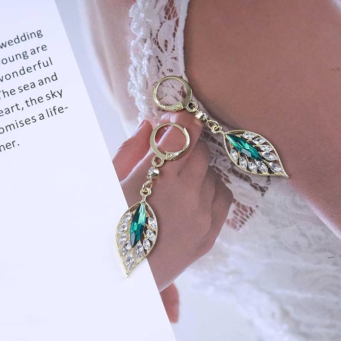 Vintage Emerald Leaf Earrings Rhinestone Leaf Drop Earrings