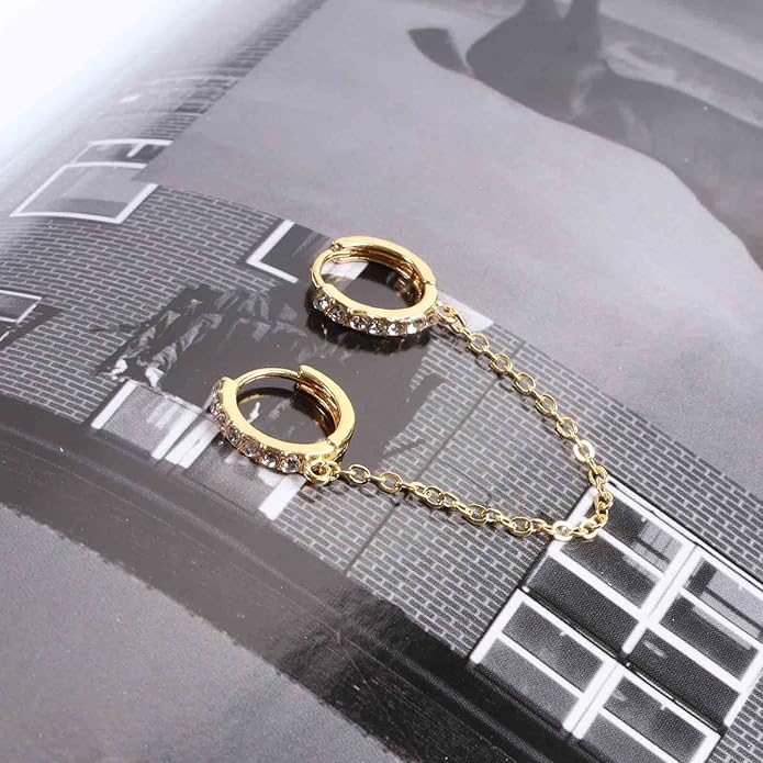 Boho Double Chain Hoop Earrings Gold Cz Hoop