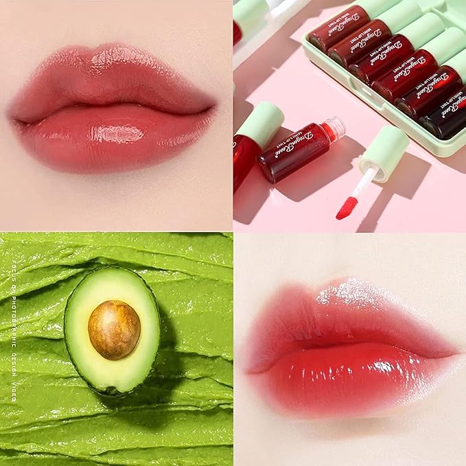 6 Colors Lip Tint Stain Set, Multi-Use Lip & Cheek Tint Korean Makeup Mini Liquid Lipstick, Avocado Moisturizing Lip Stain Lip Gloss