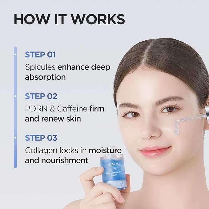 P.CALM Blue Capsule 11 Serum – PDRN & Caffeine for Intense Moisture, Plumping Effect, Elasticity, and Radiant Skin, Korean PDRN Serum (30ml / 1.01 fl.oz)