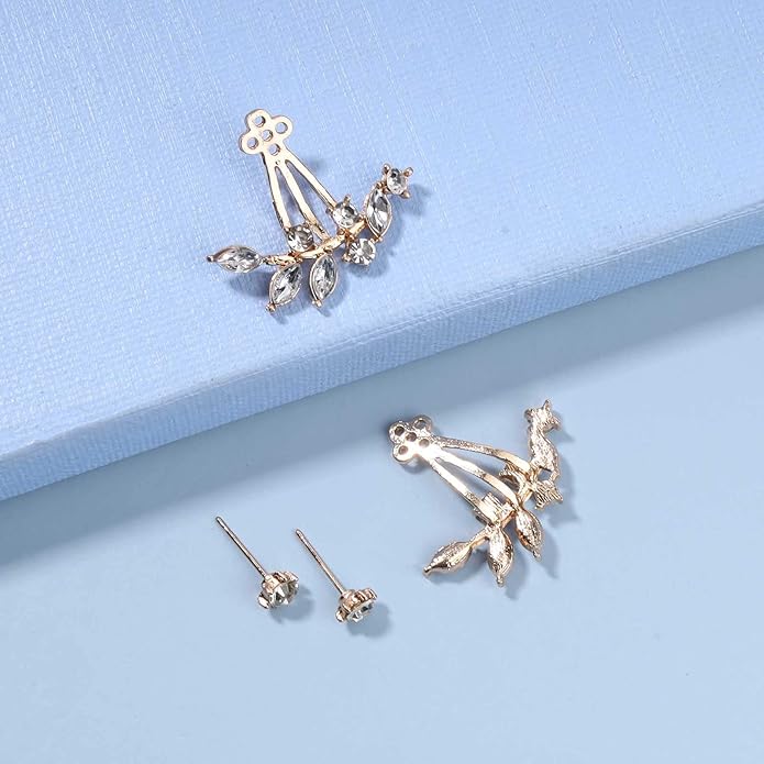 Boho Crystal Leaf Ear Jackets Earrings Gold Cz