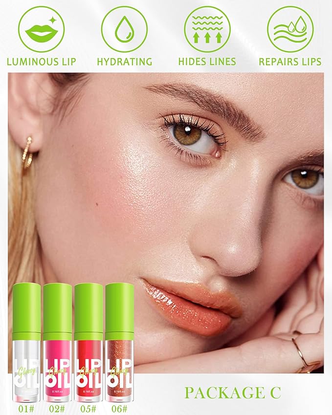 Fat Oil Lip Gloss-4Pcs Hydrating Lip Glow Oil Lipgloss, Tinted Plumping lip Gloss,Clear Pink Red Lip Stain Oil, Glossy Finish Tint Shiny Jelly Lip Glaze,Vegan Glow Reviver Lip Oil Drip for Women-Set C