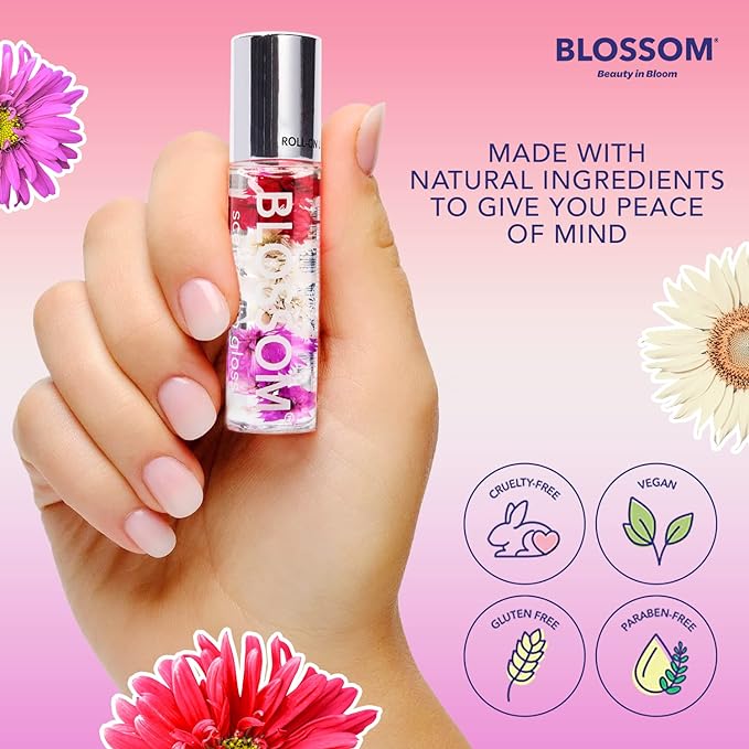 Blossom Scented Roll on Lip Gloss, Infused with Real Flowers, Made in USA, 0.3 fl. oz./9ml, 3 pack Mini Gift Set, Strawberry, Watermelon, Mango