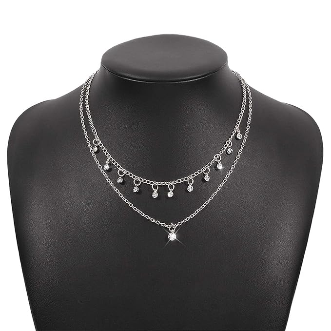 Boho Layered Silver Choker Necklace Crystal