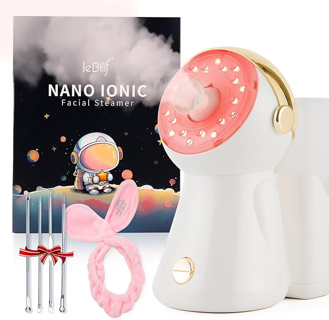 Facial Steamer,with 7 Colors Led Light,Face Steamer for Facial Deep Cleaning,Warm Mist Nano Ionic Steamer for face,Steam Humidifier,Facial Steamers Home Facial spa, Gift for Women(Gold with Light)
