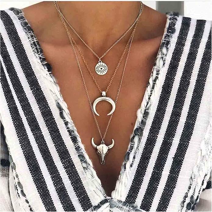Boho Layered Moon Necklace Silver Compass