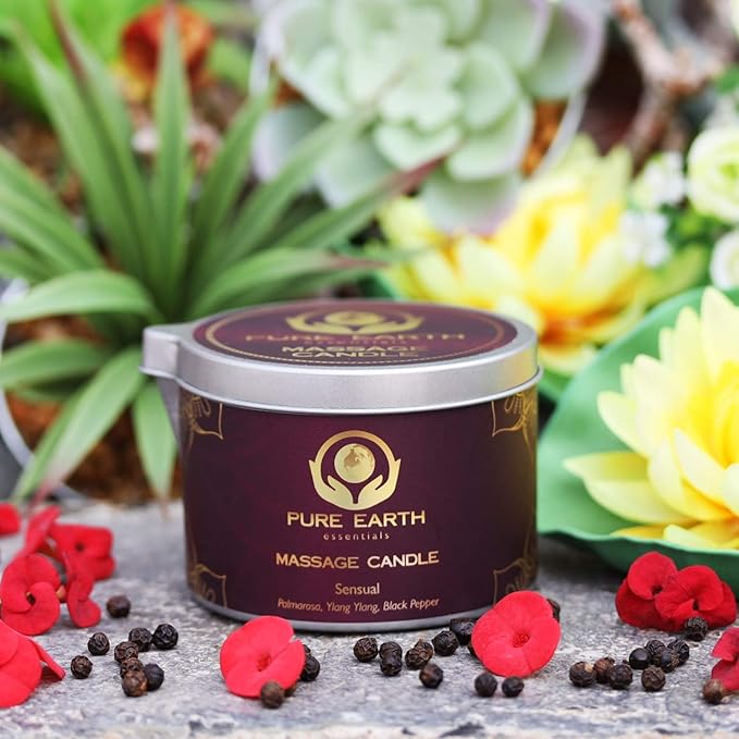 Sensual Massage Candle - Melts to Silky Oil, No Waxy Residue - Skin Moisturizing Body Massage Oil Candles (160 Grams or 6 oz.) - with Palmarosa, Ylang Ylang, Black Pepper by PURE EARTH essentials