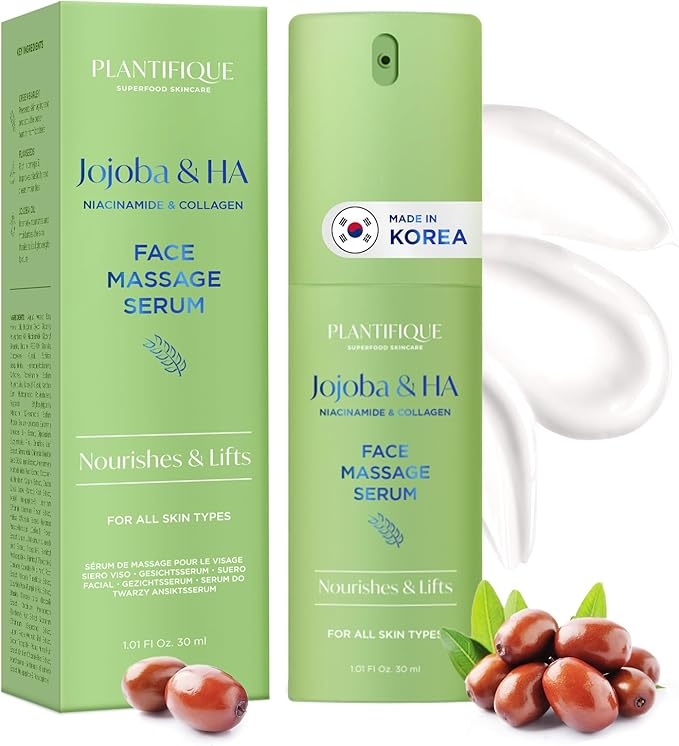 PLANTIFIQUE Korean Jojoba Oil & Hyaluronic Acid Face Massage Serum β Hydrating Anti-Aging Collagen & Niacinamide Formula β Perfect for Gua Sha Facial Massage β Gift for Men & Women