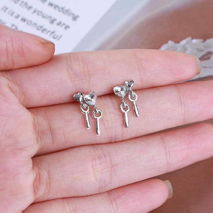 Vintage Crystal Heart Drop Earrings Silver