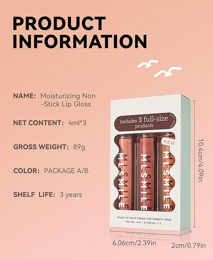 3Pcs Lip Gloss Collection Makeup Set, Shimmery Smooth Gloss
