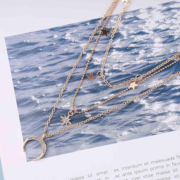 Boho layered moon star choker necklace