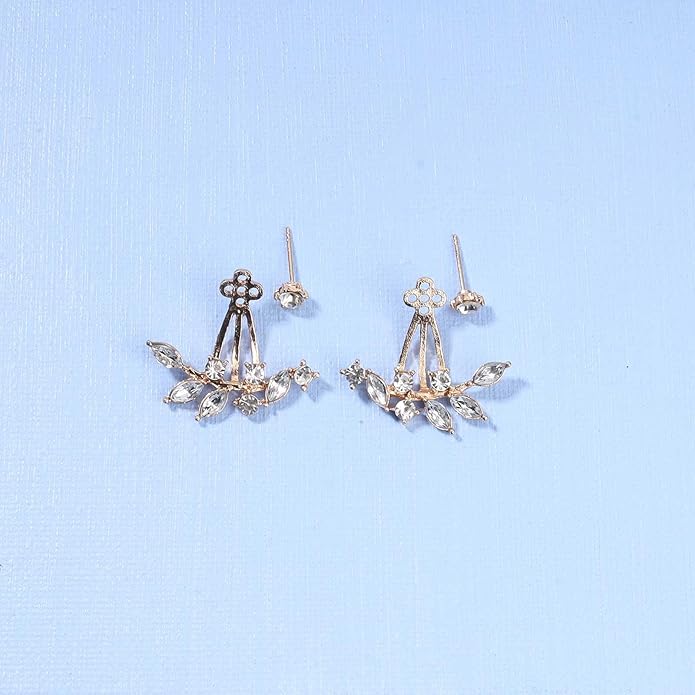 Boho Crystal Leaf Ear Jackets Earrings Gold Cz