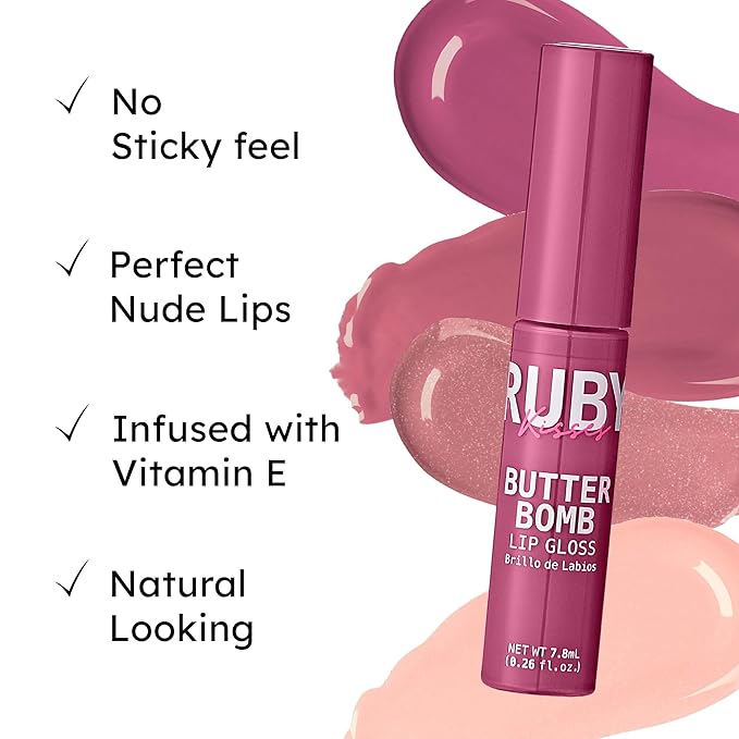 Ruby Kisses Lip Gloss Butter Bomb Gloss Non-Sticky Lip Gloss Vitamin E Natural Nude Lip Makeup - 7.8mL (0.26 US fl.oz) (Blushing)