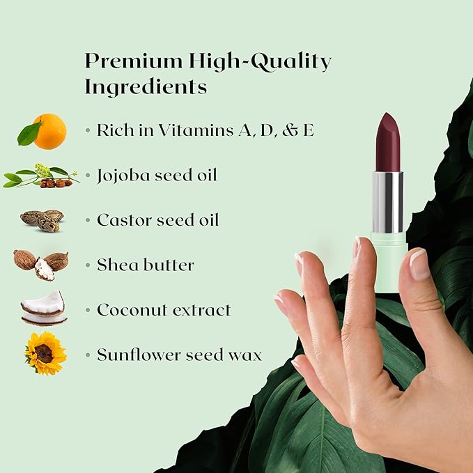 Vegan Lipstick (Plum) - Sensational One-Stroke Long Lasting Lipstick from Natural Oils & Butters Full-Coverage Lip Color with Shea Butter & Coconut Extact - Premium Hydrating Lipsticks