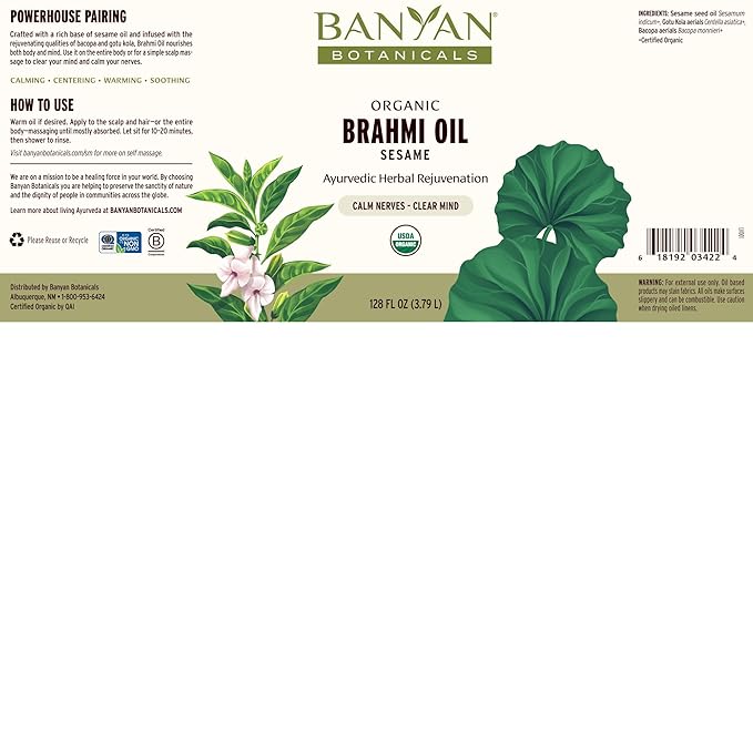 Banyan Botanicals Brahmi Oil with Sesame – Organic Ayurvedic Massage Oil with Gotu Kola & Bacopa – Calming Massage Oil for Focus & Relaxation – 128 oz – Non GMO Sustainably Sourced Abhyanga Oil