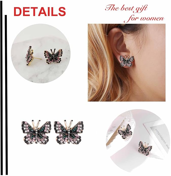 Tiny Butterfly Earrings Studs Vintage Crystal