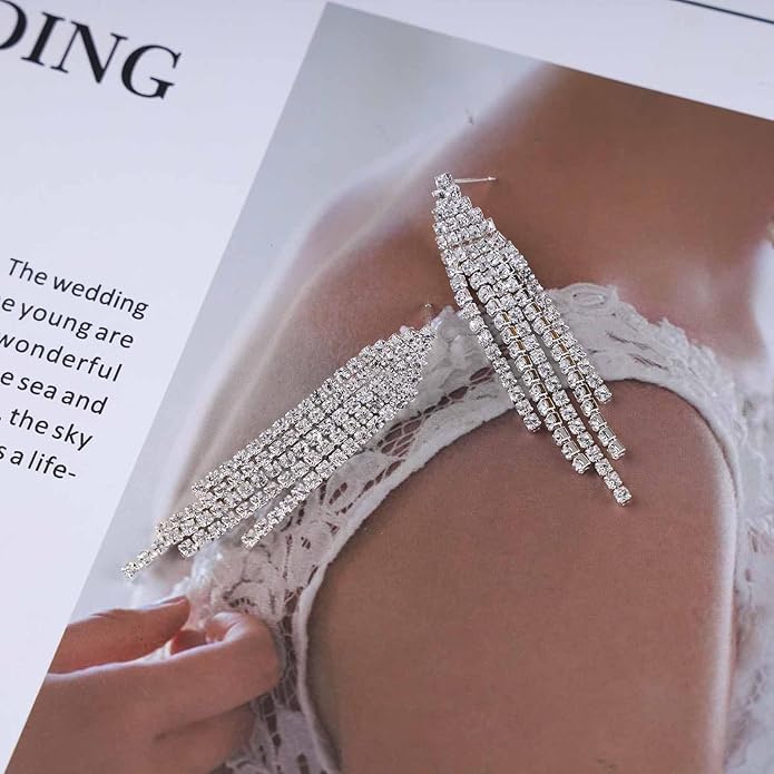 Vintage Rhinestone Chandelier Tassel Earrings Crystal Chain Drop