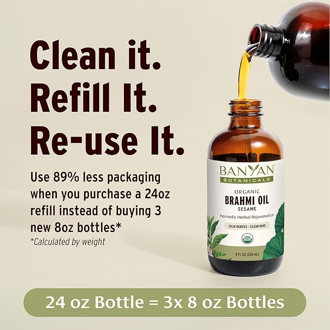 Banyan Botanicals Brahmi Oil with Sesame Base – Organic Ayurvedic Massage Oil with Gotu Kola and Bacopa – Calming Massage Oil for Focus & Relaxation – 8 oz – Non GMO Sustainably Sourced Abhyanga Oil