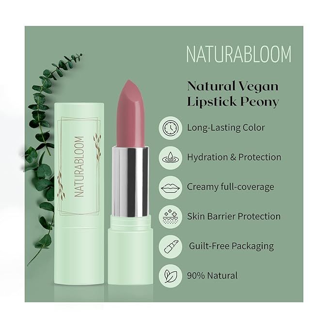 Vegan Lipstick (Peony) - Sensational One-Stroke Long Lasting Lipstick from Natural Oils & Butters Full-Coverage Lip Color with Shea Butter & Coconut Extact - Premium Hydrating Lipsticks