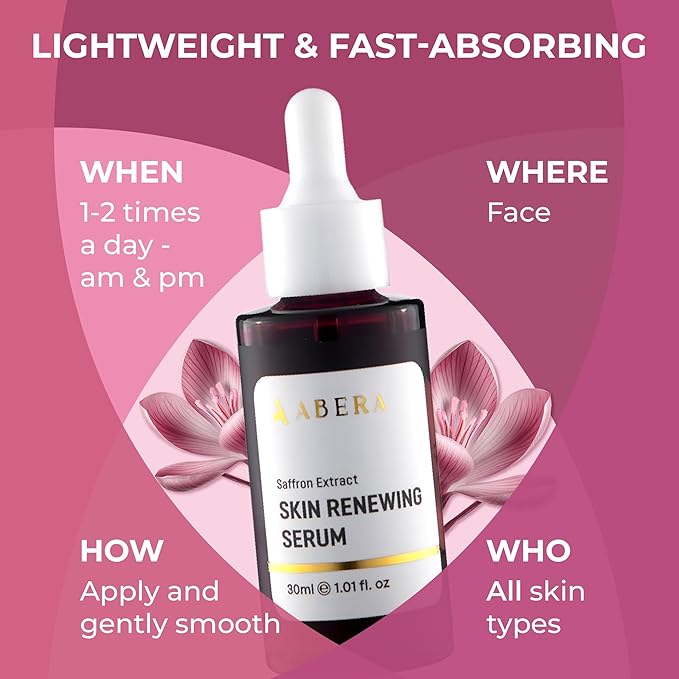ABERA Saffron Serum For Melasma Treatment, Renewing for Face, Anti-Aging Serum for Fine Lines & Wrinkles, High Potency Saffron Extract, Hydrating Serum, Dark Spot Remover, 1.01 Fl Oz