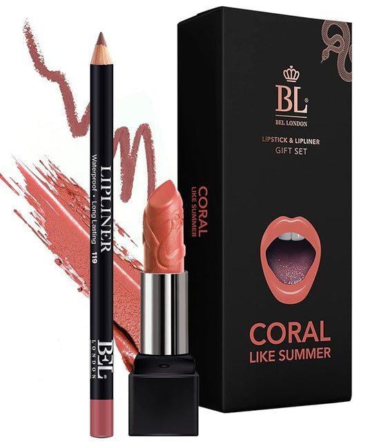 BL Color Matched Lip Liner & Lipstick Set (Coral) - Full-Coverage Argan Long Lasting Lipstick and Lip Liner Set With Natural Oils for Nourishment, Hydration, & Protection - Chemical-Free