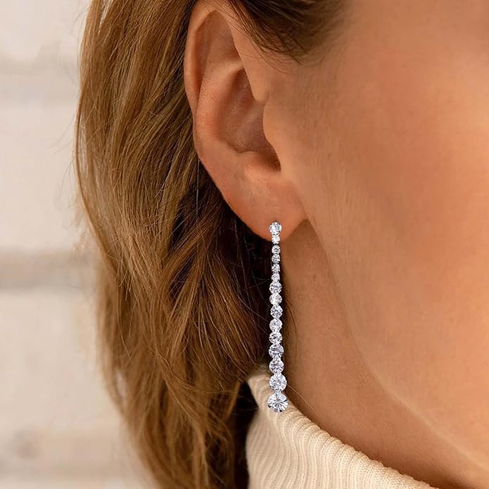 Vintage Rhinestone Chain Drop Earrings Silver Linear Crystal