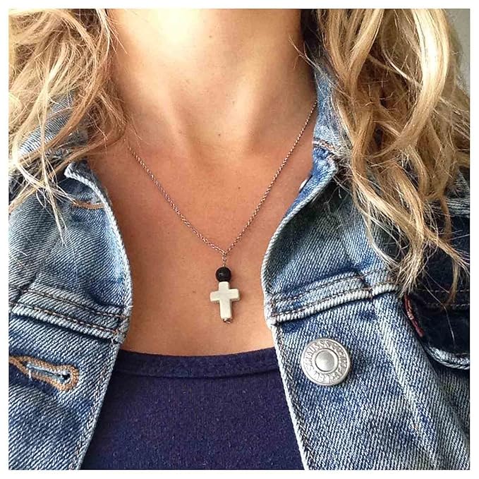 Boho Cross Pendant Necklace Black Lava Bead Choker