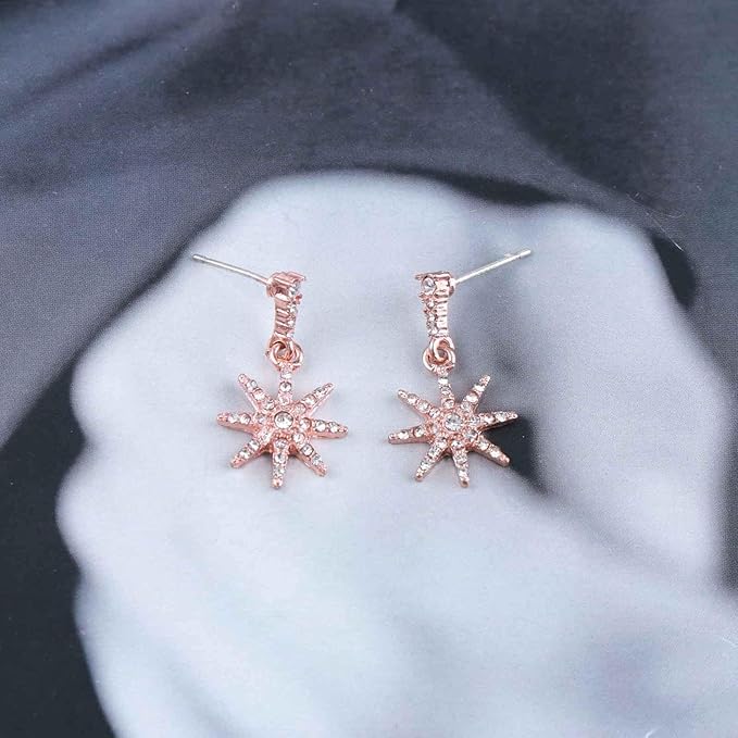 Boho Crystal Sunburst Earrings Rose Gold Star Drop