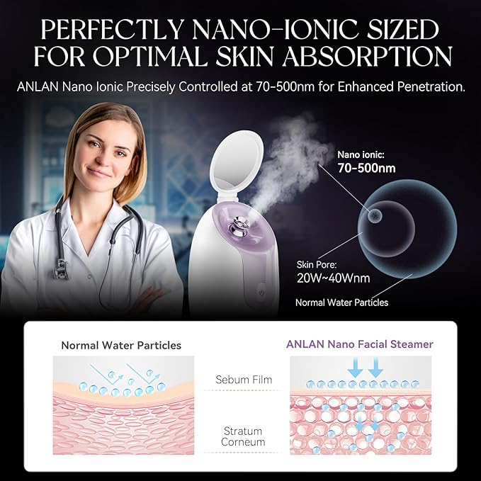 ANLAN Facial Steamer with Adjustable Makeup Mirror & Nozzle, 30s Fast Steam, Large Water Tank for Home Facial Spa, Anti-Dry-Burn & Anti-Slip Design, Face Steamer for Dry Skin - Hydrates & Opens Pores