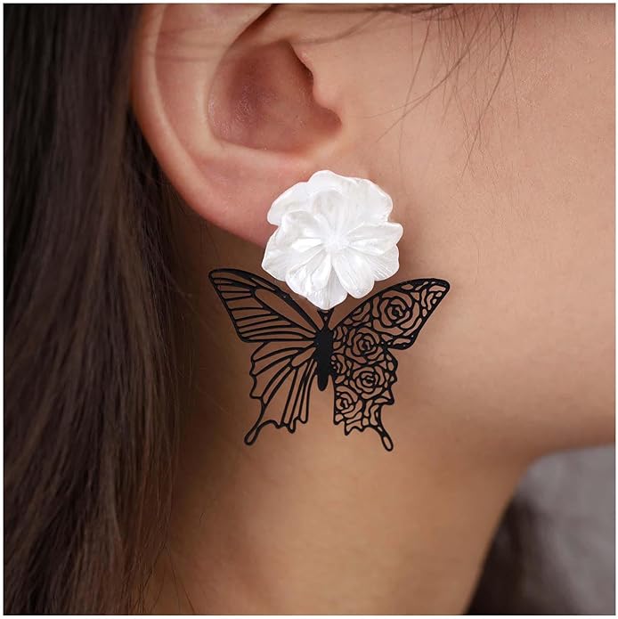 Vintage Black Butterfly Flower Drop Earrings