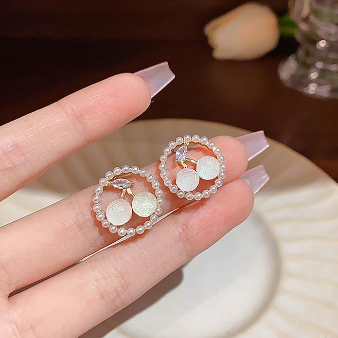Vintage Circle Pearl Earrings Crystal Cherry