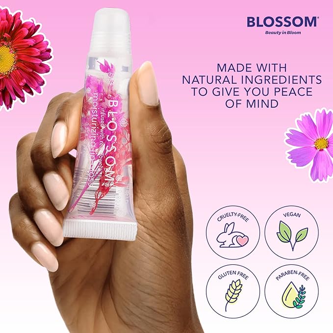 Blossom Scented Moisturizing Lip Gloss Tubes, Infused with Real Flowers, 0.6 fl. oz/18ml, 2 pack Gift Set, Strawberry/Watermelon