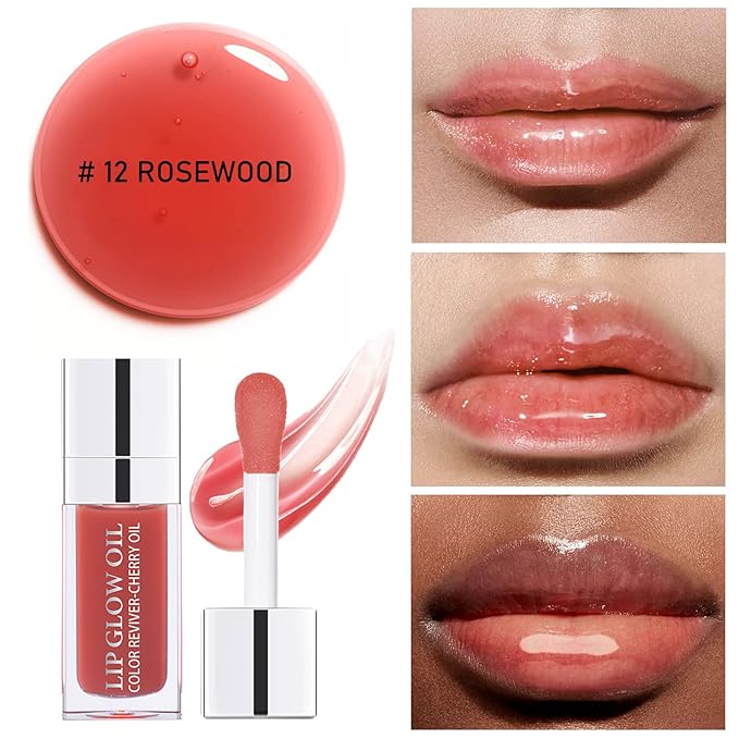 2 PCS Plumping Lip Glow Oil (ROSEWOOD), Clear Tinted Lip Gloss Set, Moisturize Nourish and Enhance Your Lips Oil with a Natural Long-Lasting Shine - Perfect for Any Occasion