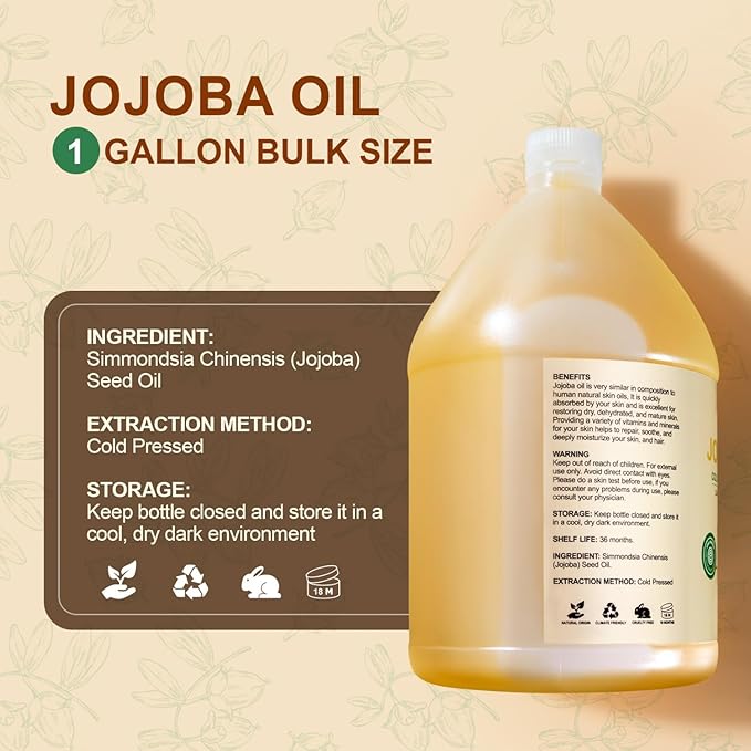 1 Gallon Jojoba Oil EWG Verified - 100% Pure Jojoba Oil Bulk Cold Pressed Unrefined Hexane Free Virgin Golden Jojoba Carrier Oil for Hair Skin Massage DIY Natural Body Moisturizer