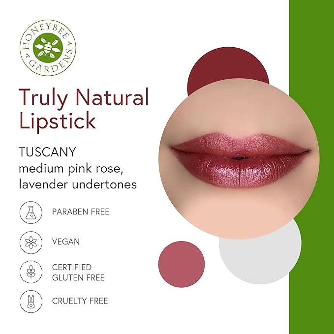 Honeybee Gardens Truly Natural Long Lasting Lipstick, Tuscany, Pink/Rose, Naturally Hydrating & Nourishing, Vegan, Gluten-Free & Cruelty-Free, 0.13 oz / 3.8 g