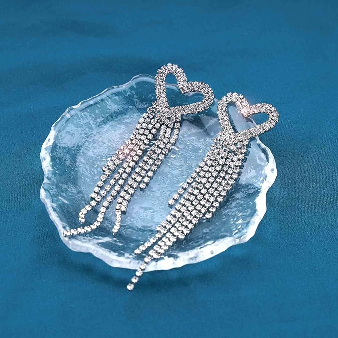 Boho Rhinestone Heart Tassel Earrings Long
