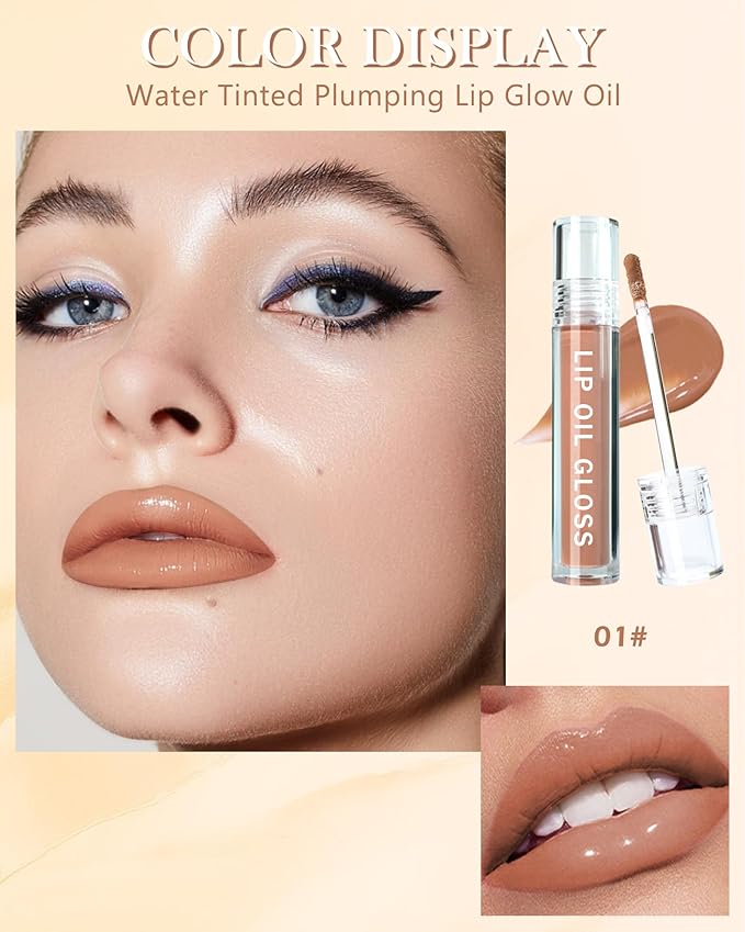 Hydrating Lip Tint Stain-1Pcs Tinted Plumping Lip Glow Oil, Moisturizing Water Lip Stain Makeup, Pigmented Non-Sticky Vegan Lip Gloss, Multi-Use Lip & Cheek Tint, Nude Glossy Finish, Cruelty Free-01#