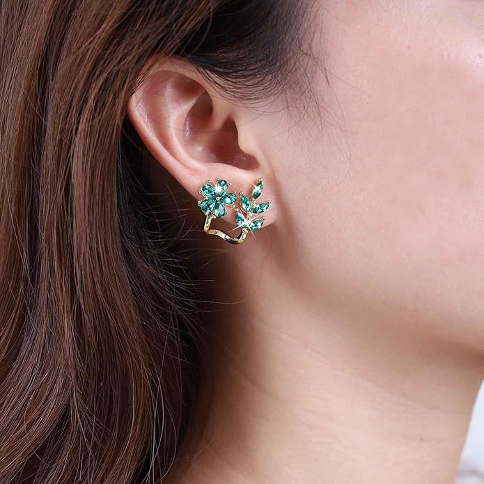 Vintage Emerald Flower Ear Cuff Earrings