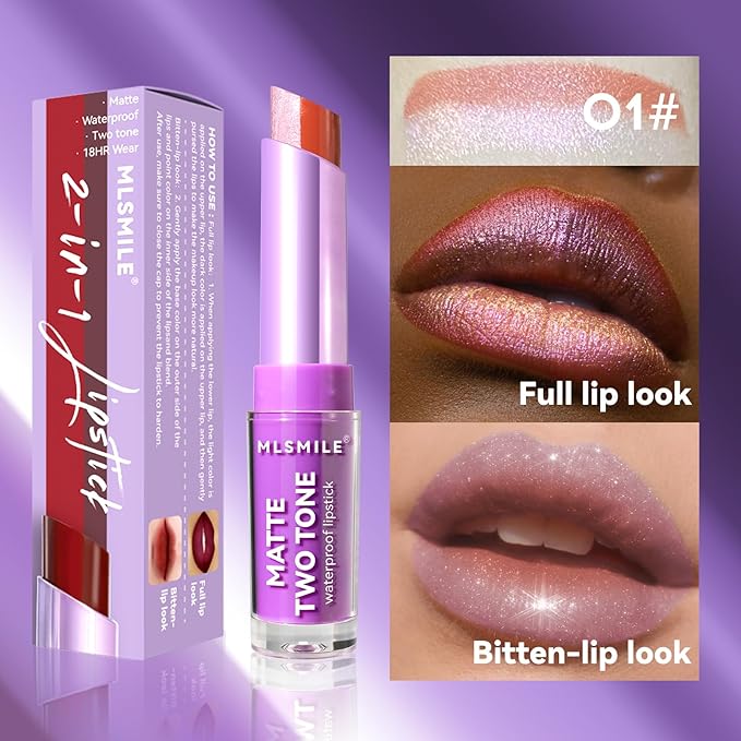 Glitter Matte Lipstick, 2 In 1 Two Tone Waterproof Lip Gloss, Sparkling High Pigment Longlasting Smudgeproof Non-Stick Cup Lipstick, Shimmer Lip Blam for Women Girl Christmas Makeup (#01)