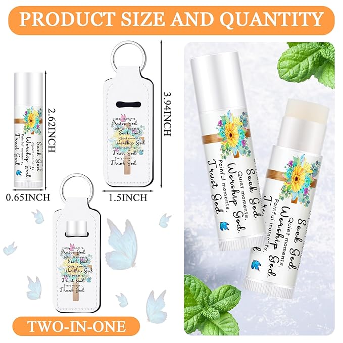 18 Sets Christian Inspiration Gift Lip Balm Bulk and Lipstick Holder Keychains Set Bible Verse Gift for Women Teacher Mom Church Favors(Happy Moments)