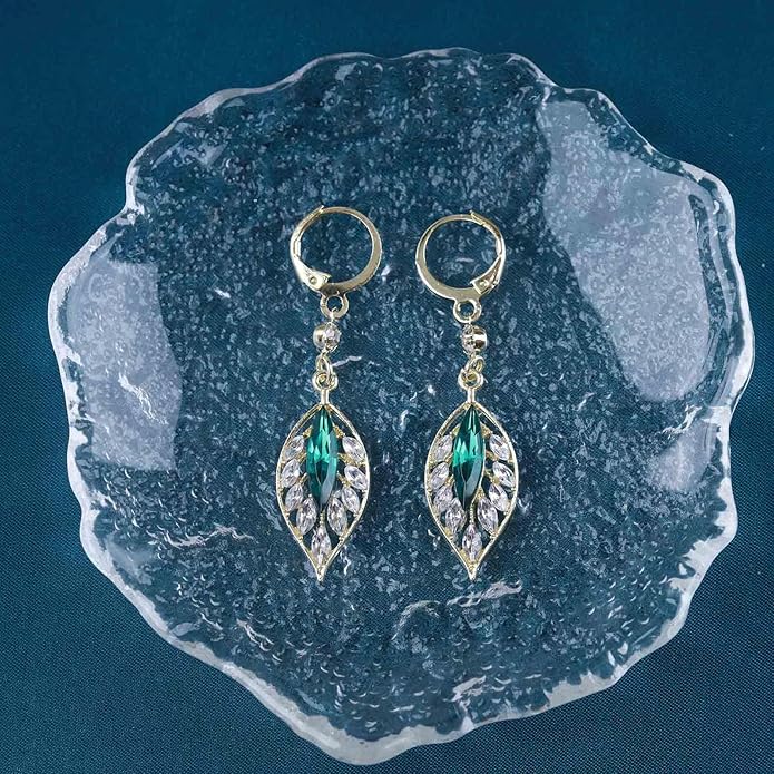Vintage Emerald Leaf Earrings Rhinestone Leaf
