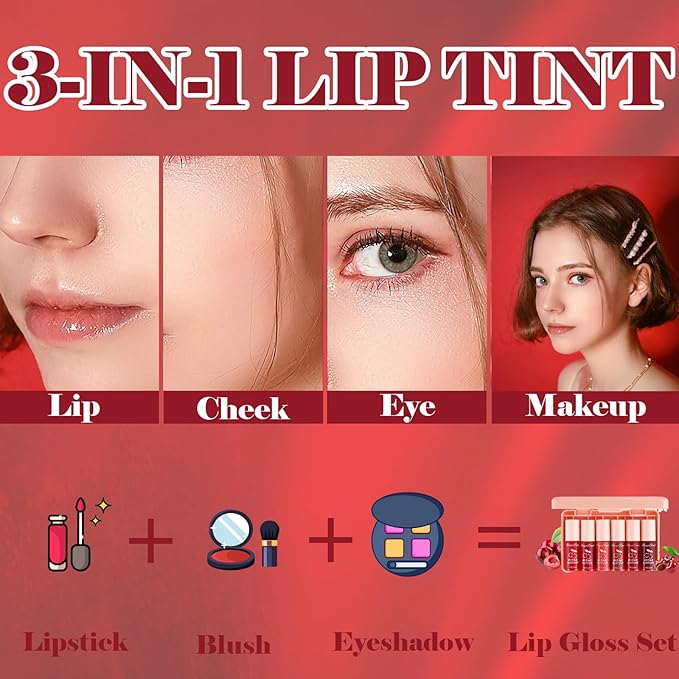 6 Colors Lip Tint Stain Set, Korean Lip Gloss Plumping Lip Tint Moisturizing Watery Mini Liquid Lipstick, Multi-use Cheek and Lip Tint, Long Lasting,Non-Stick Cup Lip Makeup