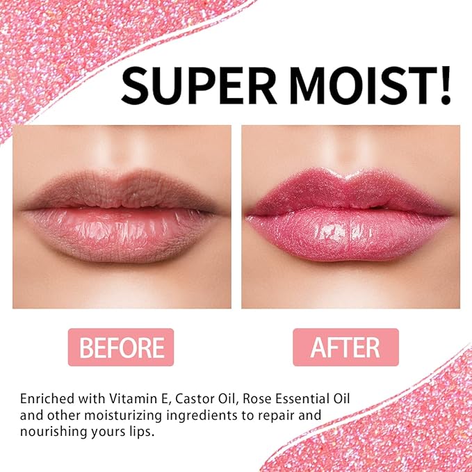 Oulac Glitter Hydrating Lipgloss Set with Mirror Finish Moisturizing & Reduce Fine Lines Lip Oil Refuse Chapped Lips Non Sticky Lip Gloss for Girls Women, 4.5ml/0.15fl.oz,Pink Glam(C06)