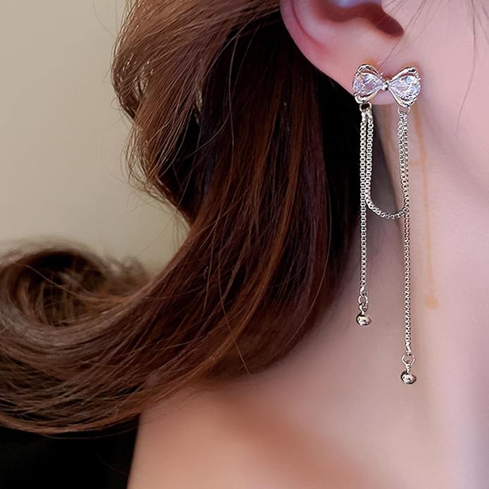 Vintage Crystal Bow Earrings Rhinestone Chain