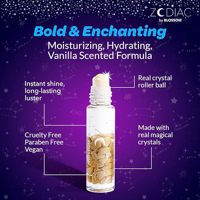Blossom Zodiac Sign Vanilla Scented Moisturizing Roll-On Lip Gloss with Crystals, Made in USA, 0.20 fl. oz./5.9ml, Gemini