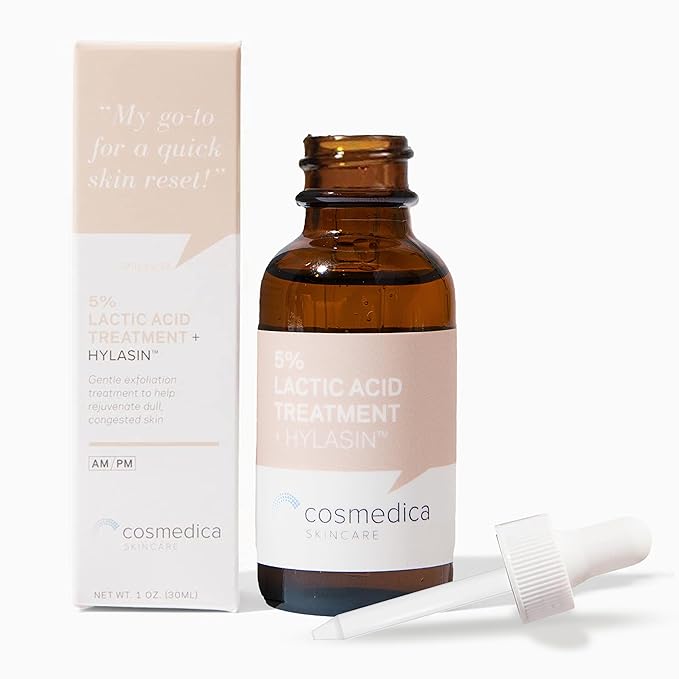 Cosmedica Skincare 5% Lactic Acid Treatment Hylasin - AHA, Hyaluronic Acid, Gentle Exfoliator Dark Spot Corrector, Anti-Aging, Face Peel Brightening Treatment for Dull Hyperpigmented Skin 1 oz (30ml)