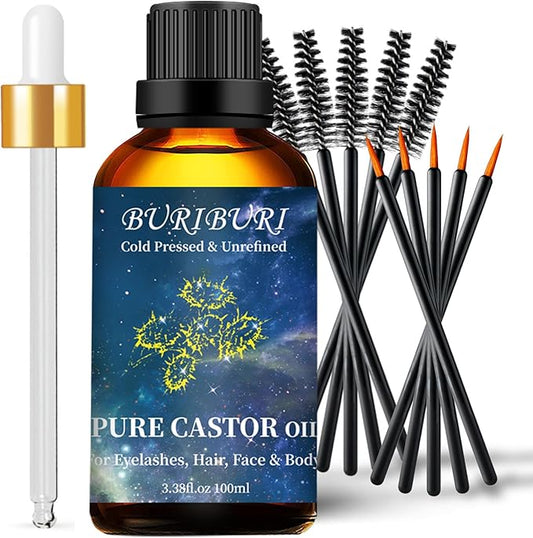 BURIBURI Castor Oil Pure Carrier Oil with Applicator Kit, 100% Pure, Organic, Cold-Pressed, Natural Castor Oil 100ml/3.38fl.oz