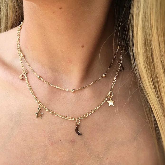 Boho Star Moon Necklace Choker Gold Layered Star