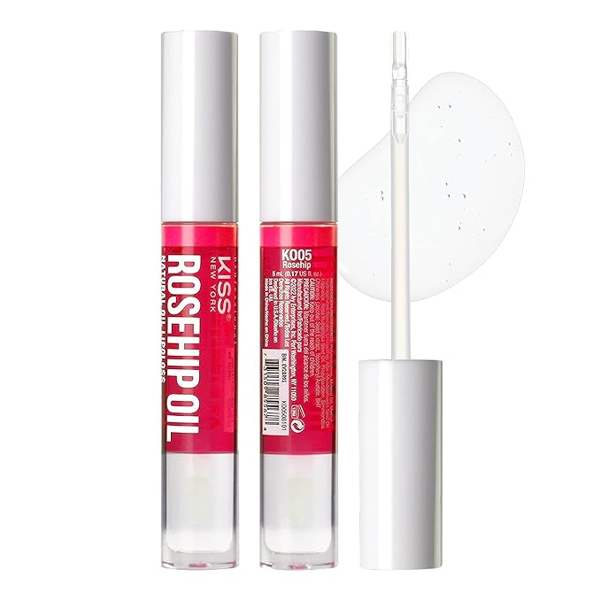 Kiss New York 3 PACK Lip Oil Gloss, Hydrating Non-Sticky Lip Oil, 100% Natural Oil Clear Lip Gloss, Lightweight Lip Moisturizer (Rosegold & Rosehip & Mango Butter)