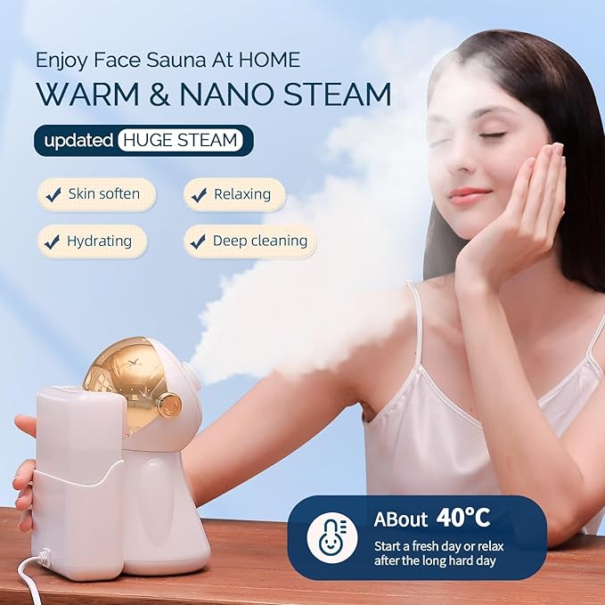 Facial Steamer,with 7 Colors Led Light,Face Steamer for Facial Deep Cleaning,Warm Mist Nano Ionic Steamer for face,Steam Humidifier,Facial Steamers Home Facial spa, Gift for Women(Gold with Light)